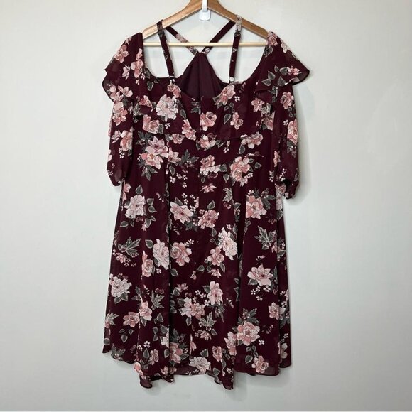 Torrid Womens Size 16 Burgundy Floral Cold Shoulder Ruffle Dress NEW Longsleeve - Picture 9 of 14